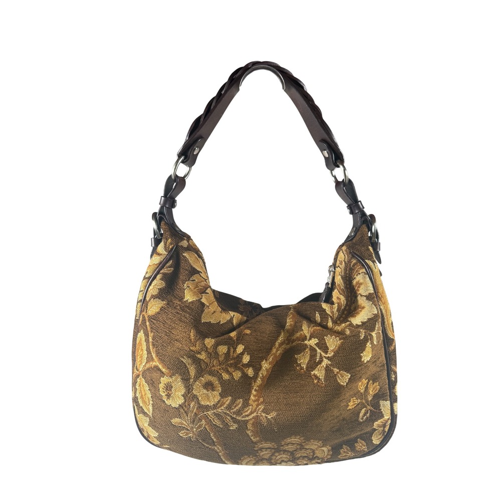 Talbots Brown Chenille Tapestry Floral Hobo Bag Braided Leather Strap